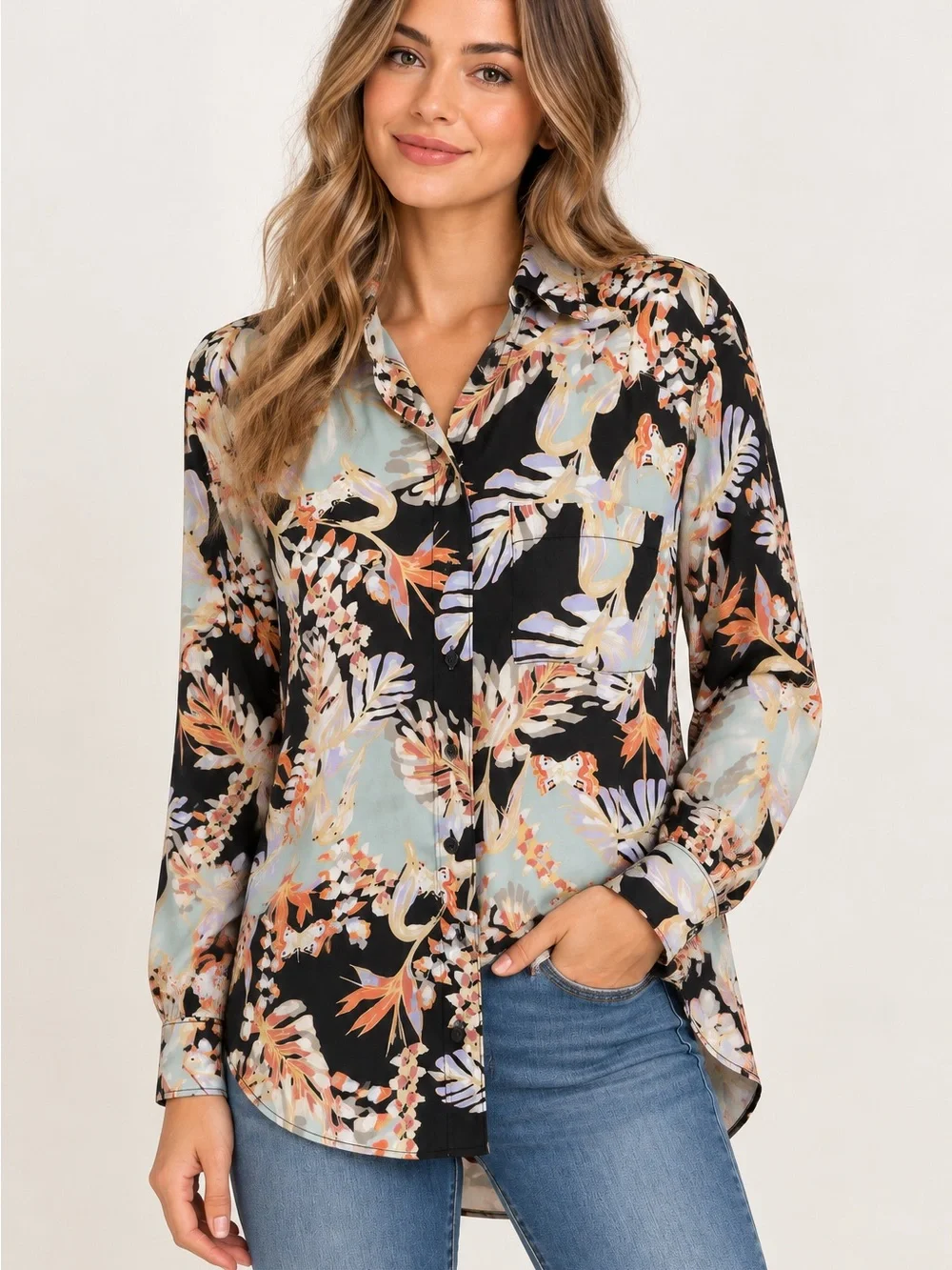 Free People Black Multi Botanical Print Button-Down Shirt